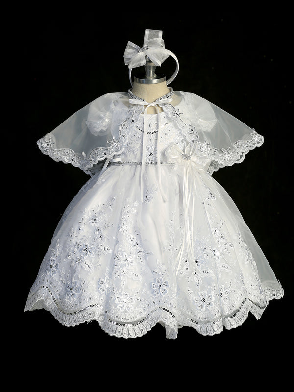 Girls White Baptism Gown with Cape & Headband, Sizes 0-6