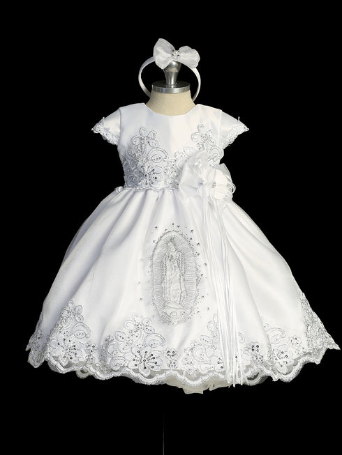 Girls White Cap Sleeve Baptism Dress with Maria Embroidery, Sizes 0-6
