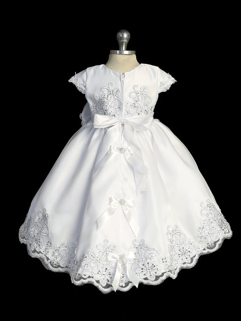 Girls White Cap Sleeve Baptism Dress with Maria Embroidery, Sizes 0-6