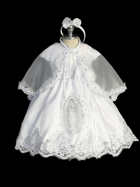 Girls White Cap Sleeve Baptism Dress with Maria Embroidery, Sizes 0-6
