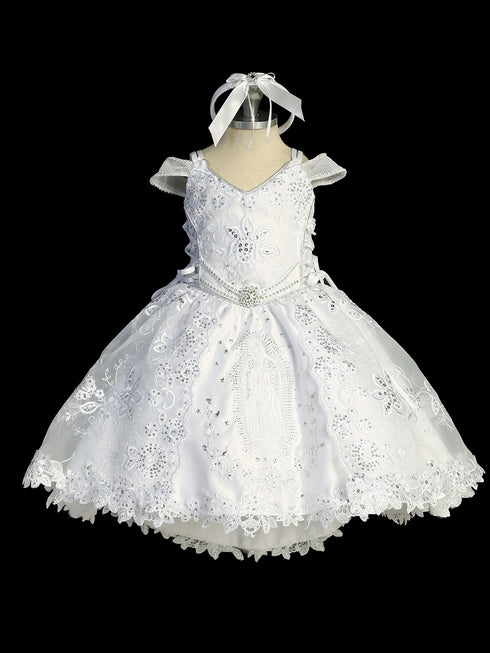 Girls White Off Shoulder 2 Pcs Baptism Gown with Sequin and Mary Embroidery, Sizes 0-6