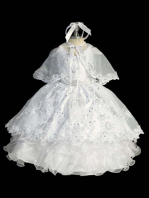 Girls White Off Shoulder 2 Pcs Baptism Gown with Sequin and Mary Embroidery, Sizes 0-6