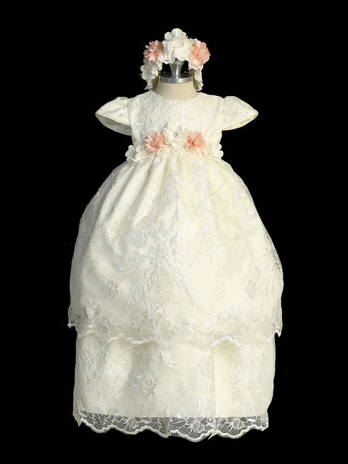 Girls White Metallic Floral Embroidery 2 PC Cap Sleeve Ropone with 3D Flowers, Sizes S-L