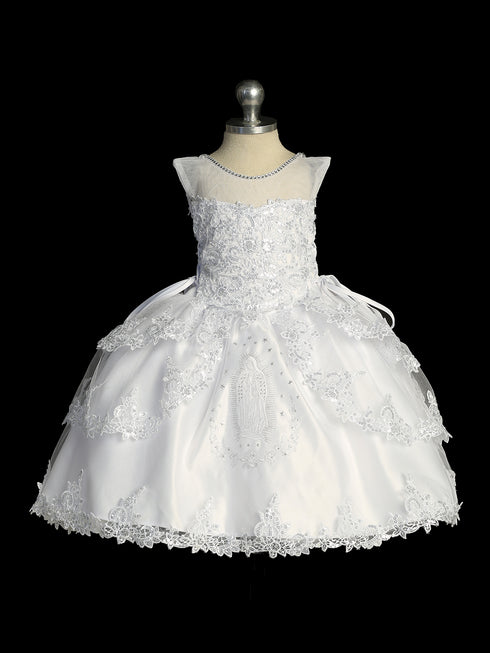 Girls White Christening Gown with Embroidered Virgin Mary Design, Sizes 0-6