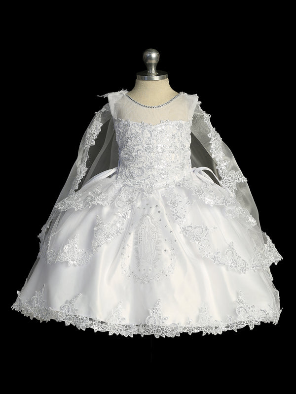 Girls White Christening Gown with Embroidered Virgin Mary Design, Sizes 0-6