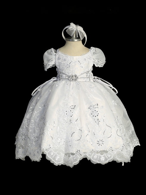 Girls White Elegant Ropone Style Christening Dress with Rhinestone Applique, Sizes 0-6