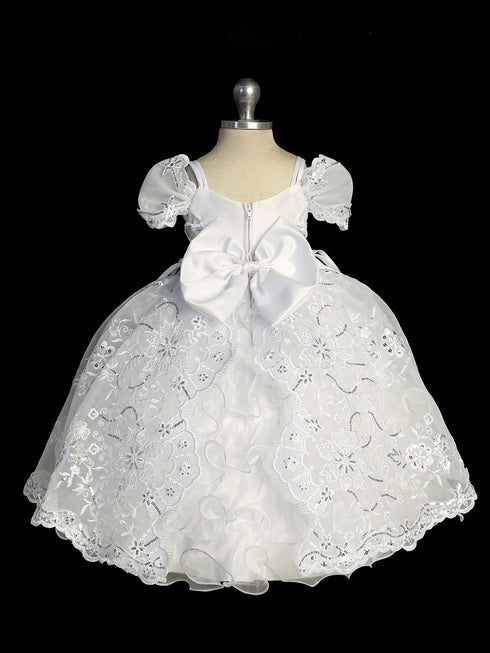 Girls White Elegant Ropone Style Christening Dress with Rhinestone Applique, Sizes 0-6