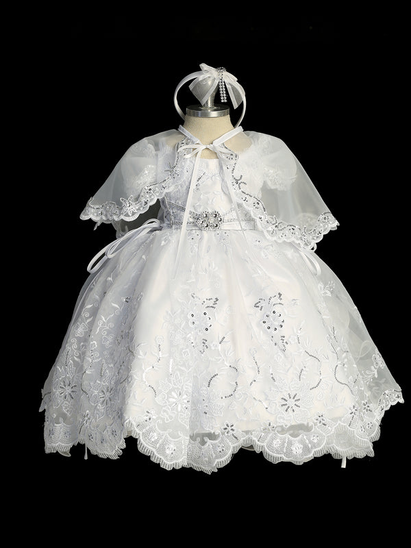 Girls White Elegant Ropone Style Christening Dress with Rhinestone Applique, Sizes 0-6