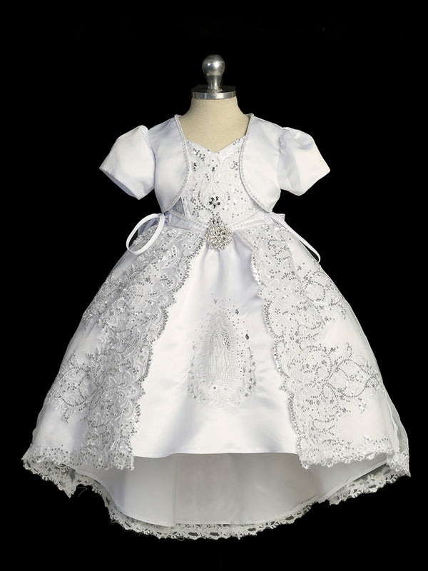 Girls Graceful White Virgin Mary Embroidered Christening Dress, Sizes 0-6