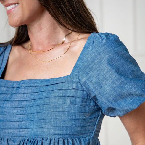 organic-ruched-chambray-dress-1 Sophia's Style-2