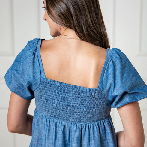 organic-ruched-chambray-dress-1 Sophia's Style-3