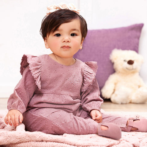 mauve-eyelet-girls-romper-embroidered-cotton-ruffle-sleeve- at Sophia's Style-2