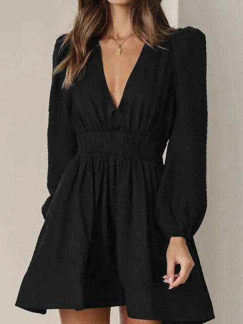 ruched-v-neck-balloon-sleeve-mini-dress OhSoStyled - Sophia's Style in Dark Green-5