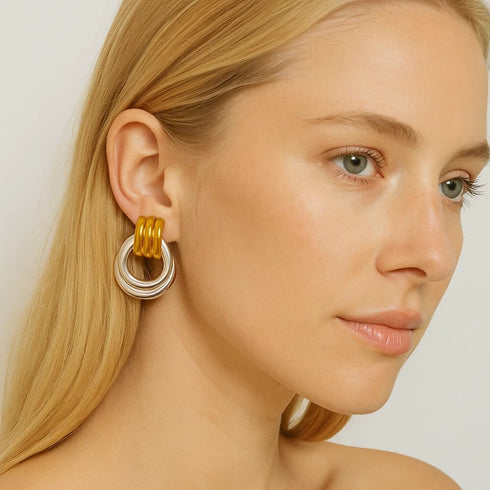 luna-link-mixed-metal-two-tone-earrings-retro-chic-circle-drops-Sophia's Style-2