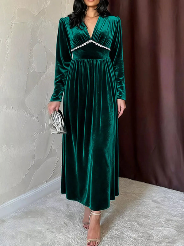 velvet-v-neck-long-sleeve-maxi-dress-Sophia's Style-1