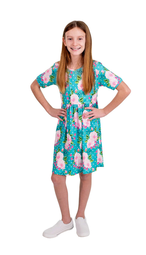 teal-flower-short-sleeve-milk-silk-dress Great Lakes kids - Sophia's StyleShort Sleeve Dress-1