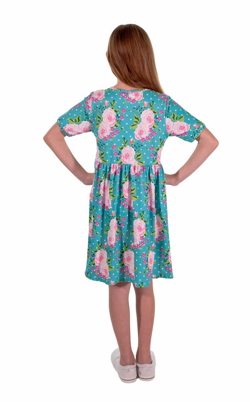 teal-flower-short-sleeve-milk-silk-dress Great Lakes kids - Sophia's Style-4