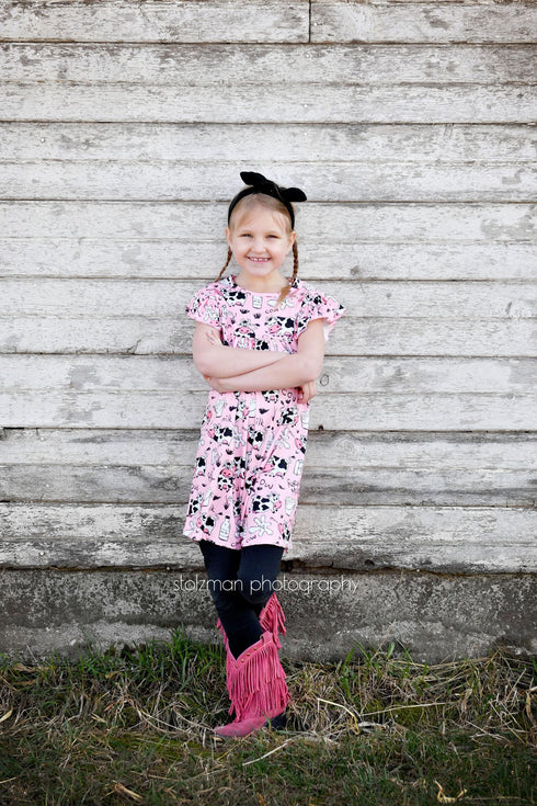 pink-cow-milk-silk-flutter-dress Great Lakes kids - Sophia's StyleFlutter Dress-1