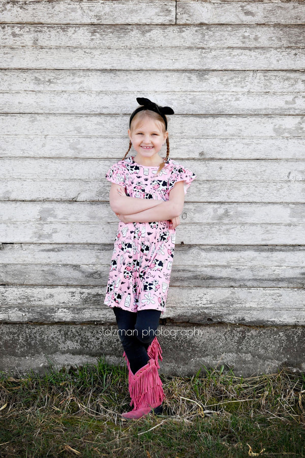 pink-cow-milk-silk-flutter-dress Great Lakes kids - Sophia's StyleFlutter Dress-1