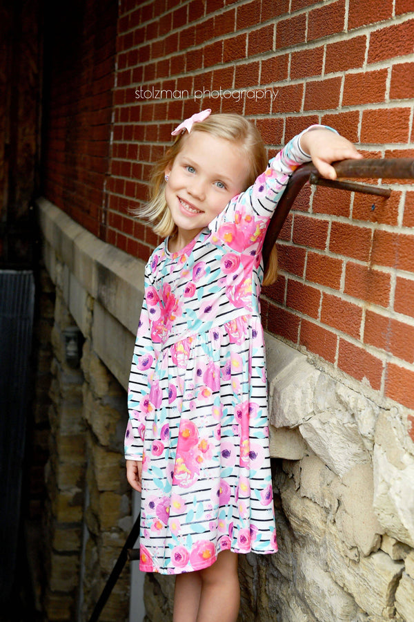 striped-floral-long-sleeve-milk-silk-flutter-dress Great Lakes kids - Sophia's StyleLong Sleeve Dress-1