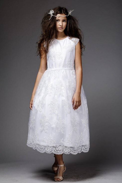 Petite Adele Little Girls Blanco Satén Encaje Longitud del té Vestido de niña de las flores 2-6