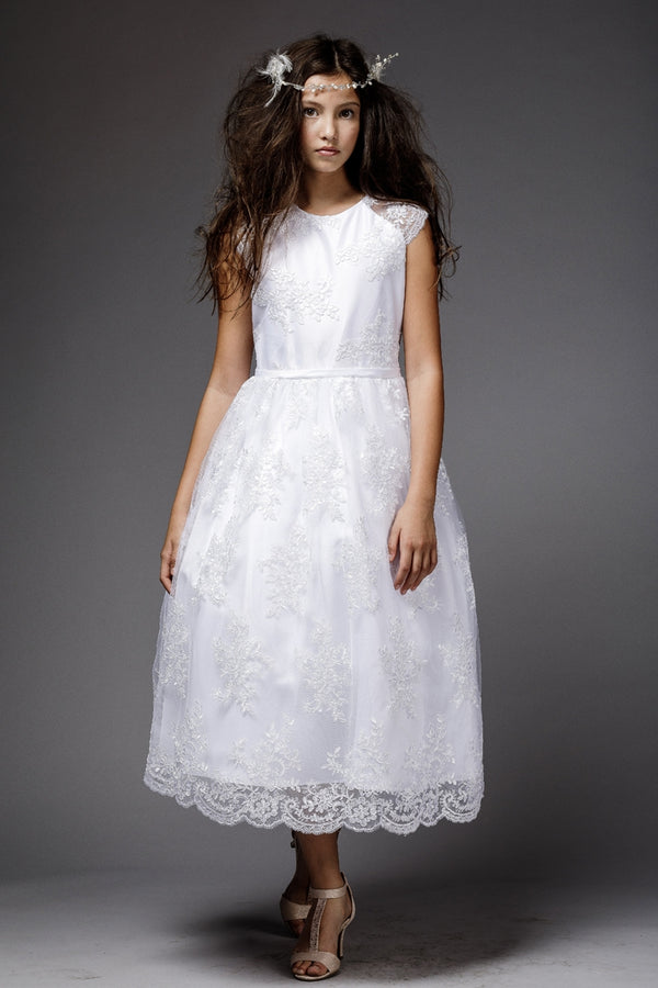 Petite Adele Little Girls Blanco Satén Encaje Longitud del té Vestido de niña de las flores 2-6
