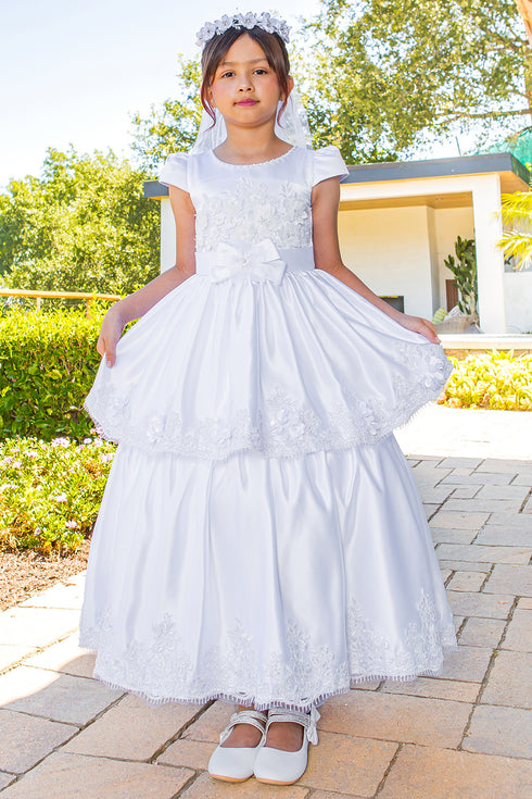 Girls White Illusion Top Satin Cap Sleeve Communion Dress 6-16