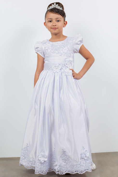 Girls White Satin Cap Sleeve T-length Communion Dress 6-16
