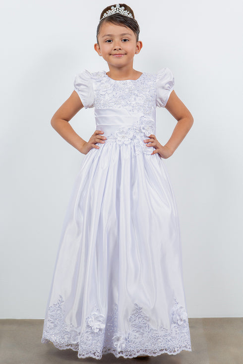 Girls White Satin Cap Sleeve T-length Communion Dress 6-16