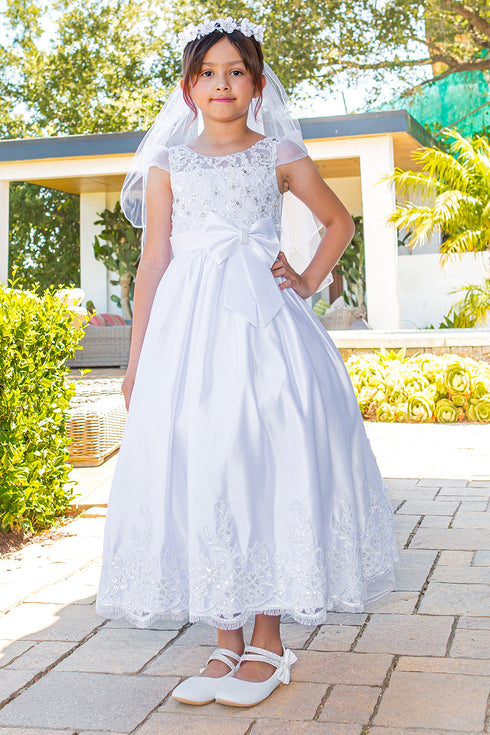 Girls White Illusion Top Embellished Skirt Communion Dress, Sizes 6-16