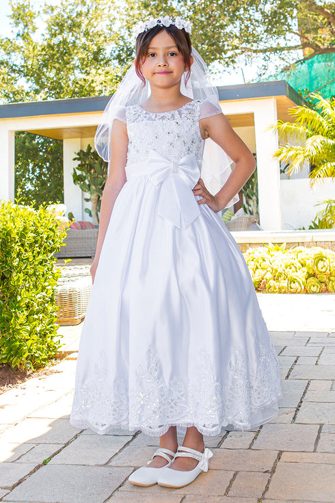 Girls White Illusion Top Embellished Skirt Communion Dress, Sizes 6-16