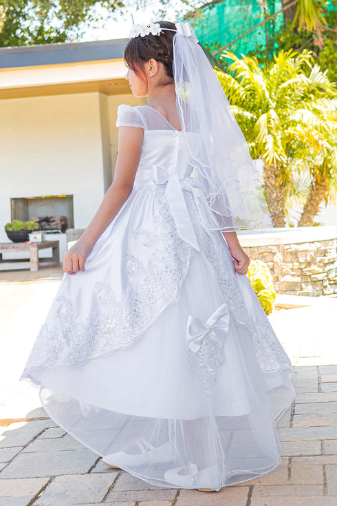 Girls White Illusion Top Embellished Skirt Communion Dress, Sizes 6-16