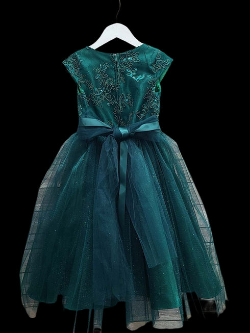 Girls Hunter Green Embroidered Bodice Crystal Belt Gown 2-16 - SophiasStyle.com