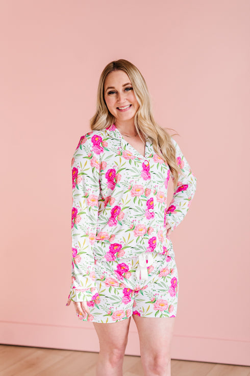 pink-peony-women-s-button-down-short-set-little-pajama-co - Sophia's Style -1