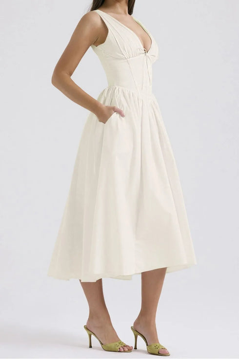 ruched-v-neck-sleeveless-dress-with-pockets OhSoStyled at Sophia's Style-16