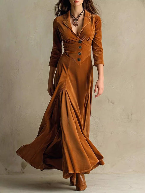 velvet-button-front-3-4-sleeve-maxi-dress-OhSoStyled-Sophia's-Style-1
