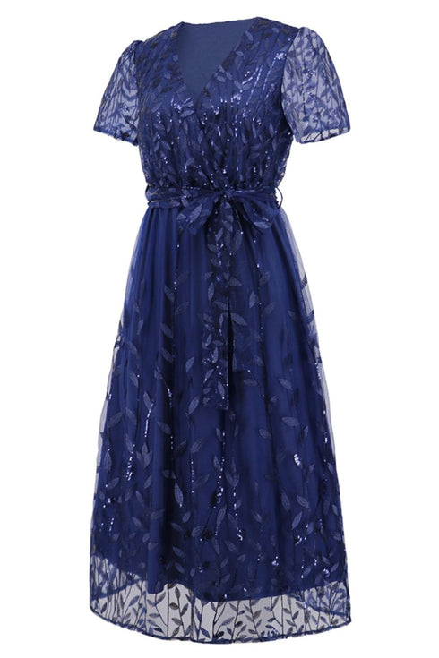 sequin-leaf-embroidery-tie-front-short-sleeve-dress Sophia's Trends - Sophia's Style-White-L