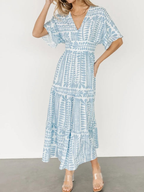 ruched-printed-v-neck-half-sleeve-midi-dress OhSoStyled - Sophia's Style in Light Blue-10