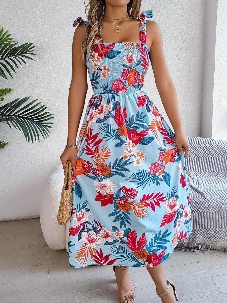 floral smocked tie waist midi dress Smocked Floral Tie Shoulder Midi Dress at Sophia's Style Dark Green / XL