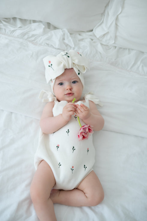 Floral Embroidery Romper + Bow - White