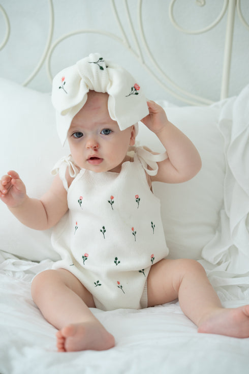Floral Embroidery Romper + Bow - White
