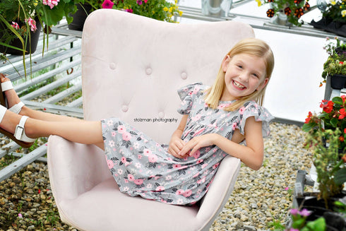 grey-and-pink-floral-milk-silk-flutter-dress Great Lakes kids - Sophia's StyleFlutter Dress-1