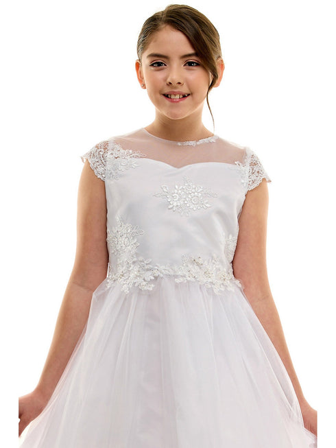 Petite Adele Big Girls White Lace Overlay Short Sleeve Communion Dress 8-16 - SophiasStyle.com