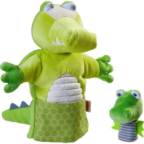 glove-puppet-crocodile-with-baby-hatchling-finger-puppet-HABA USA-Sophia's Style-Puppets & Theater-1