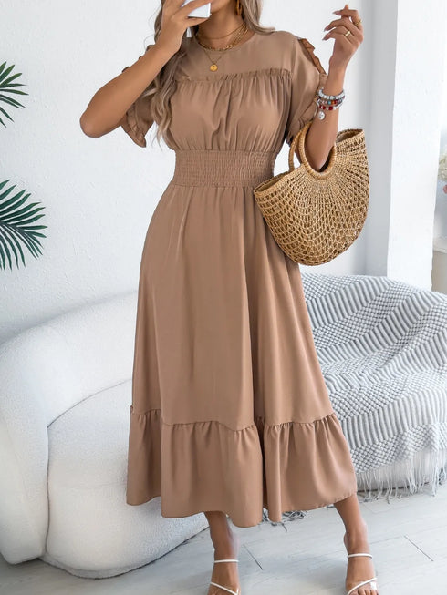 smocked-frill-round-neck-midi-dress OhSoStyled - Sophia's Style in Camel-10