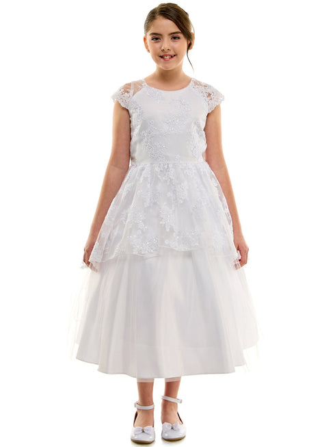 Petite Adele Girls White Embroidered Overlay Cap Sleeve First Communion Dress, Sizes 2-20 - SophiasStyle.com