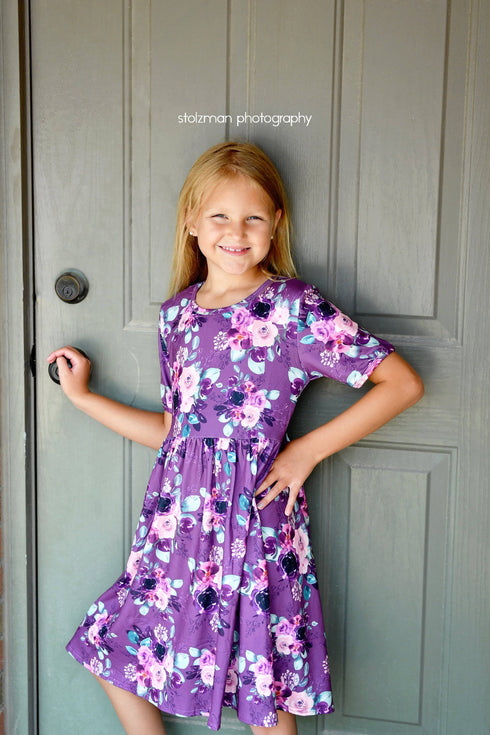 purple-floral-short-sleeve-milk-silk-dress Great Lakes kids - Sophia's StyleShort Sleeve Dress-1
