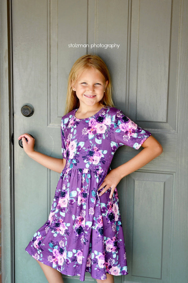 purple-floral-short-sleeve-milk-silk-dress Great Lakes kids - Sophia's StyleShort Sleeve Dress-1