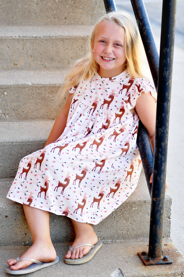 floral-deer-milk-silk-flutter-dress Great Lakes kids - Sophia's StyleFlutter Dress-1