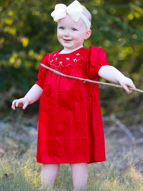 girls-bow-smocking-embroidered-red-dress Rylee Faith Designs - Sophia's StyleDress-1
